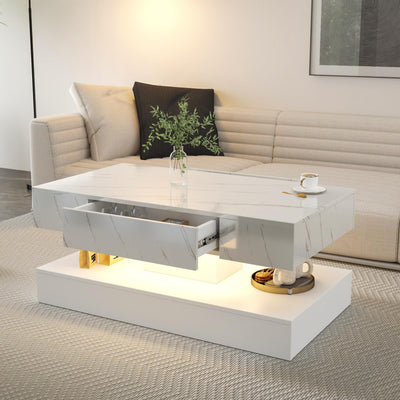 LED Coffee Table with Drawers, Rectangular 2 Tier Center Table with LED and Drawers for Living Room, Modern Center Table with Storage, White