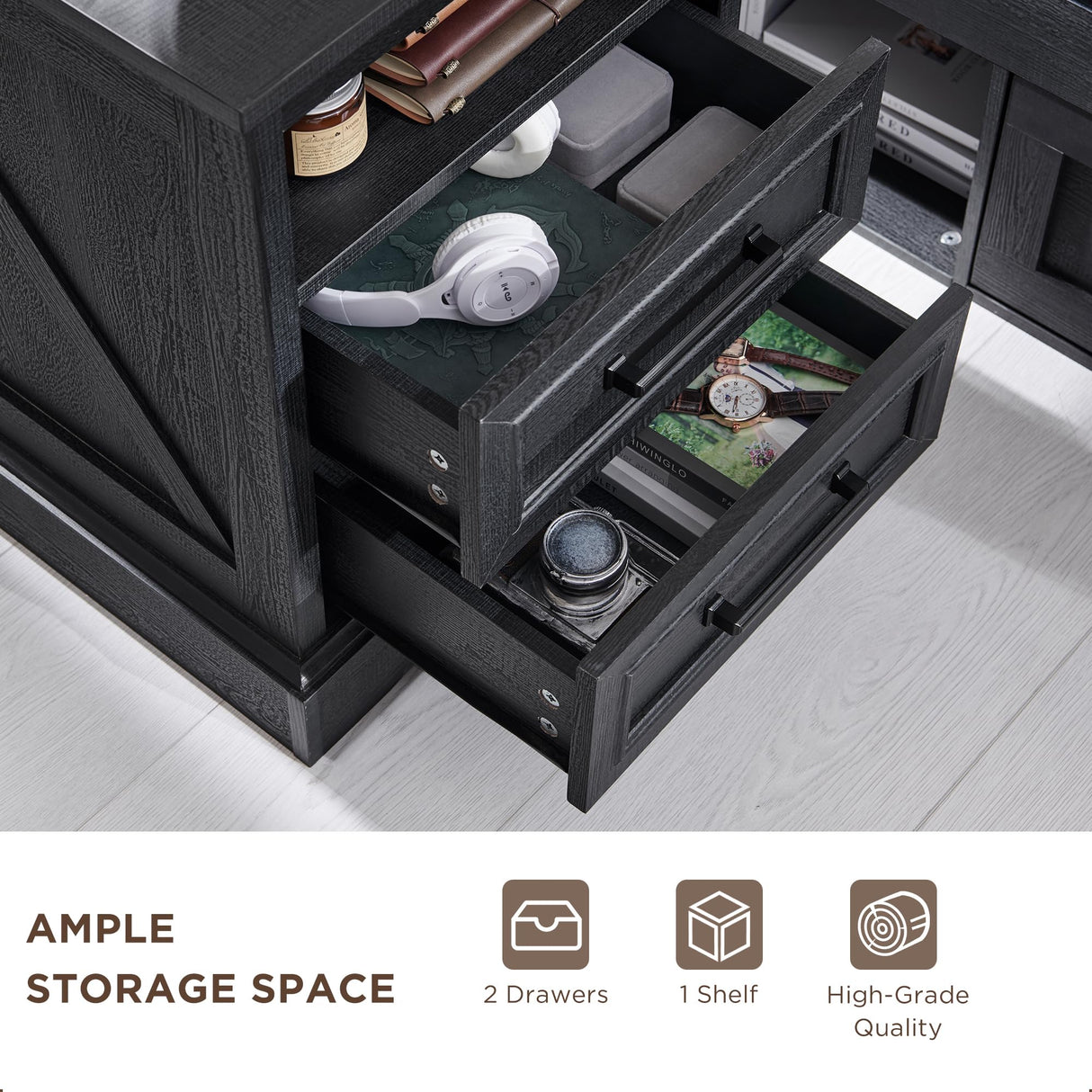 ACCOHOHO 18" Farmhouse Nightstand with Charging Station,End Table with 2 Drawers Storage,Side Table,Bedside Cabinet for Bedroom,Living Room,Black ACCOHOHO