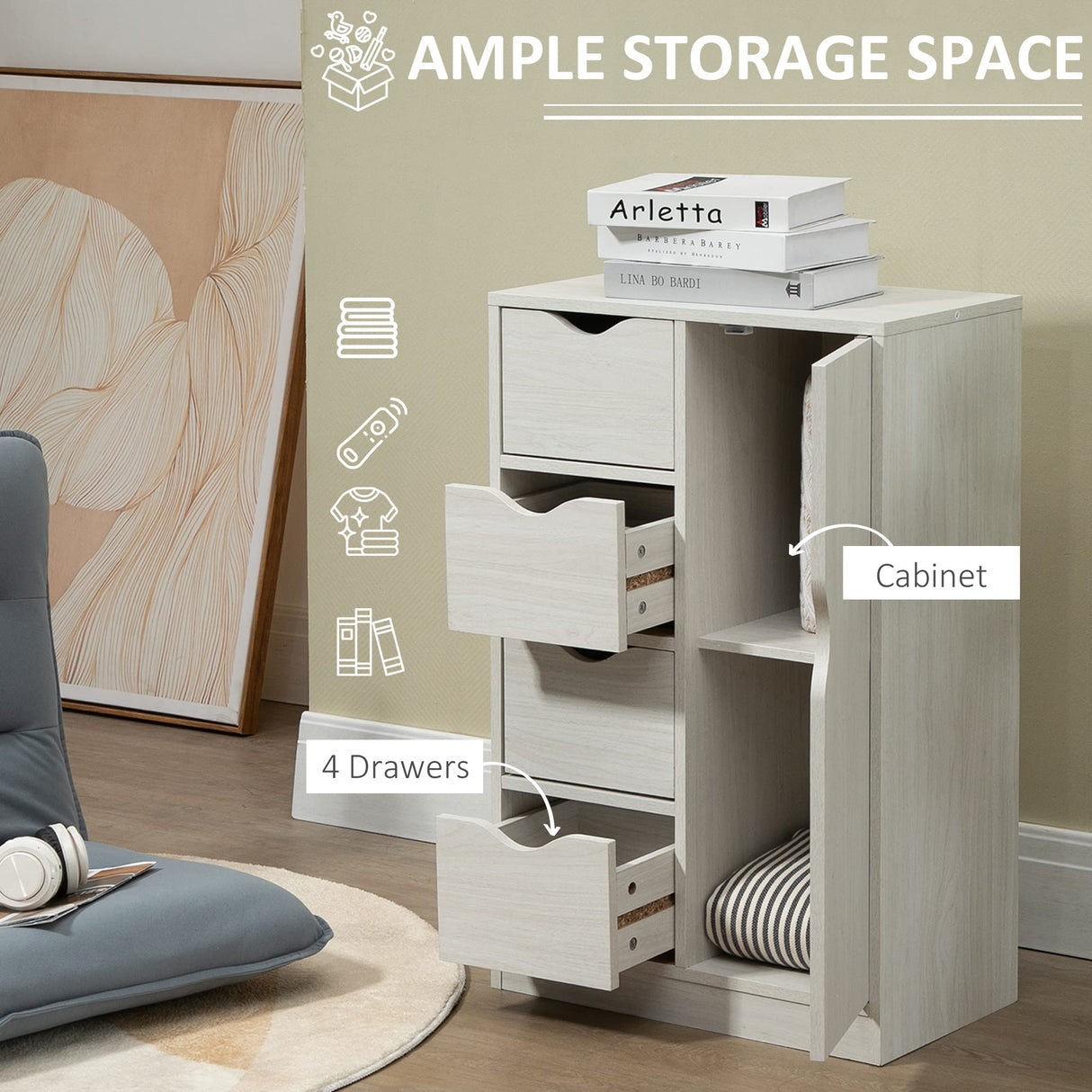 HOMCOM Freestanding Storage Cabinet, Bathroom Floor Cabinet with 4 Drawers and Door, White Wood Grain HOMCOM