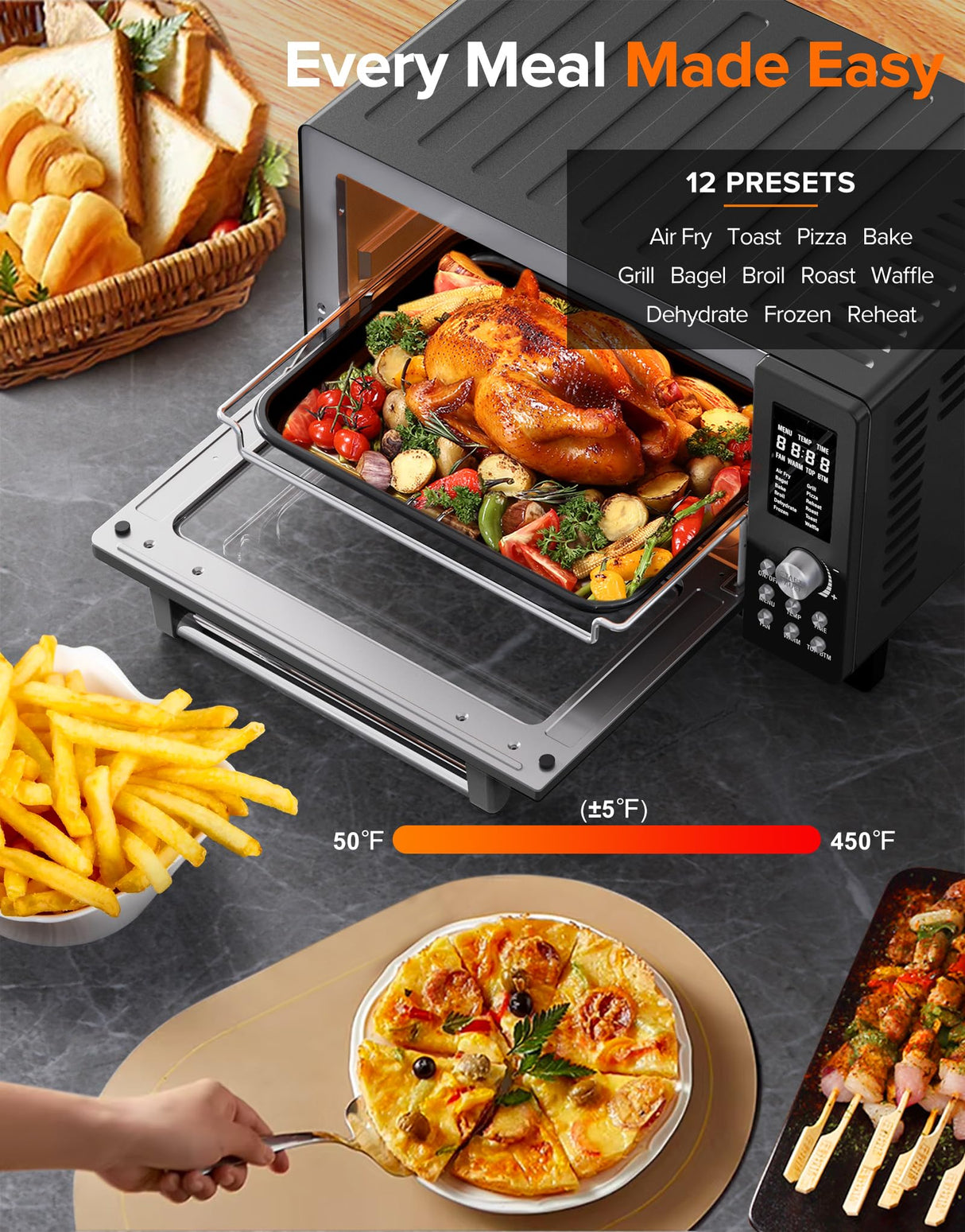 Nuwave Bravo Pro Smart Air Fryer Toaster Oven Combo, Airfryer Convection Oven Countertop, 12-in-1 Functions with Quicker & Even Crisp Technology, 1800W, 50-450°F, PFAS-Free, 21QT, Black Nuwave
