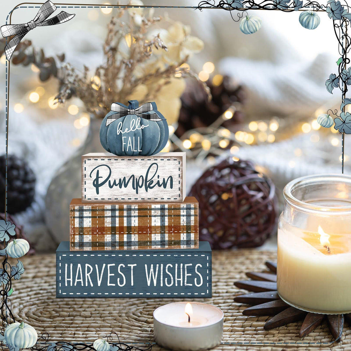 Britimes 4 Pcs Blue Pumpkins Fall Decor Wooden Tiered Tray Sign, Farmhouse Rustic Autumn Pumpkin Decorations Stack Block Set Harvest Wishes Table Centerpieces for Home Kitchen Shelf Britimes