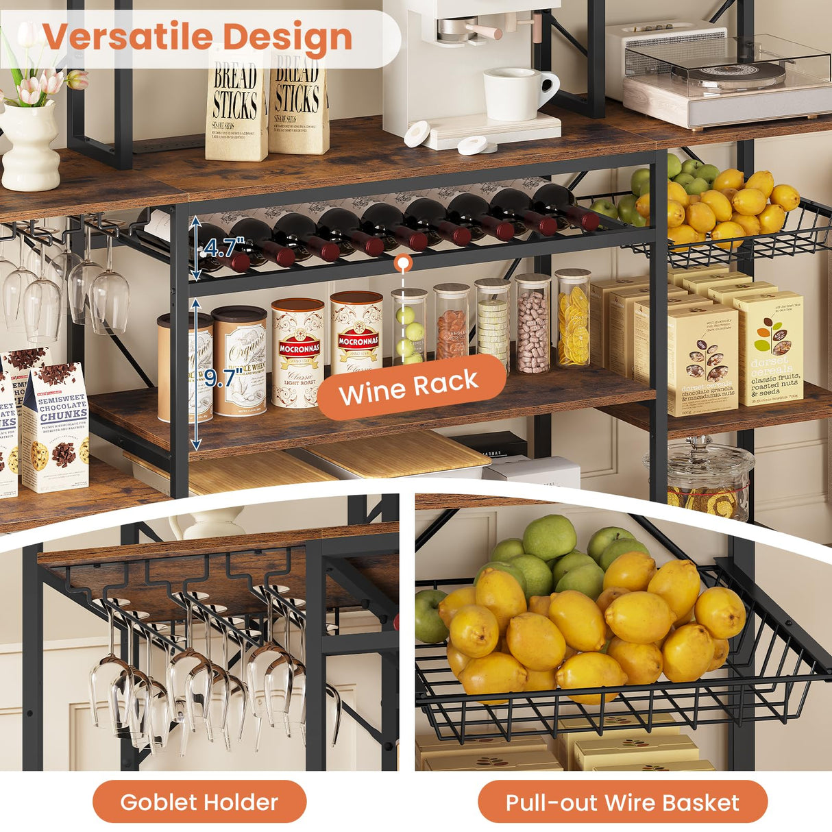 UPOSOJA Large Bakers Rack with Power Outlet, 62.4in Wide Kitchen Microwave Stand with Storage Shelves, 5-Tier Coffee Bar, Wine Rack, Goblet Holder, 8 Hooks, Wire Basket(Rustic Brown, Large) UPOSOJA