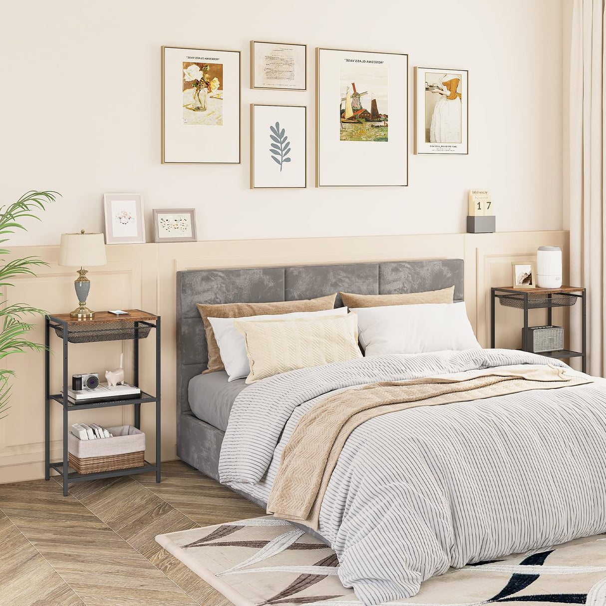 HOOBRO Tall End Table with Metal Storage Basket, Industrial Telephone Side Table, Small High Nightstand for Living Room, Bedroom, Office, Rustic Brown BF06UDH01 HOOBRO