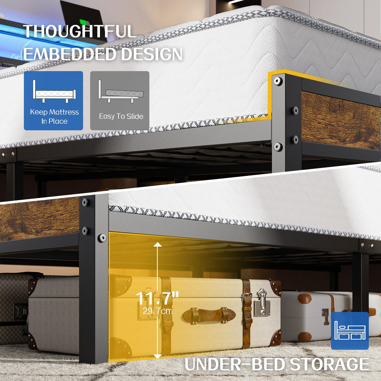 Full Size Platform Bed Frame with LED Lights, Charging Station, Grey Upholstered Headboard with 2-Tier Storage Shelves, Noise Free, No Box Spring Needed Liians