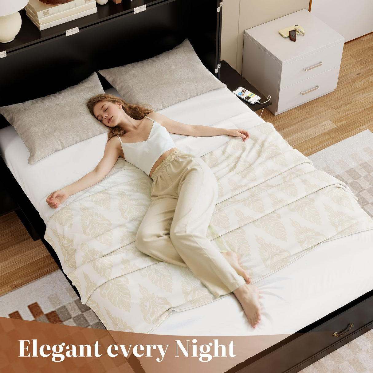 Tafeumob Murphy Bed Queen Size: Wood Murphy Bed Cabinet with Drawer Space-Saving with Golden Handle & Charging Station for Bedroom, Multipurpose Area, Guest Room, Apartment Black (Without Mattress) Tafeumob