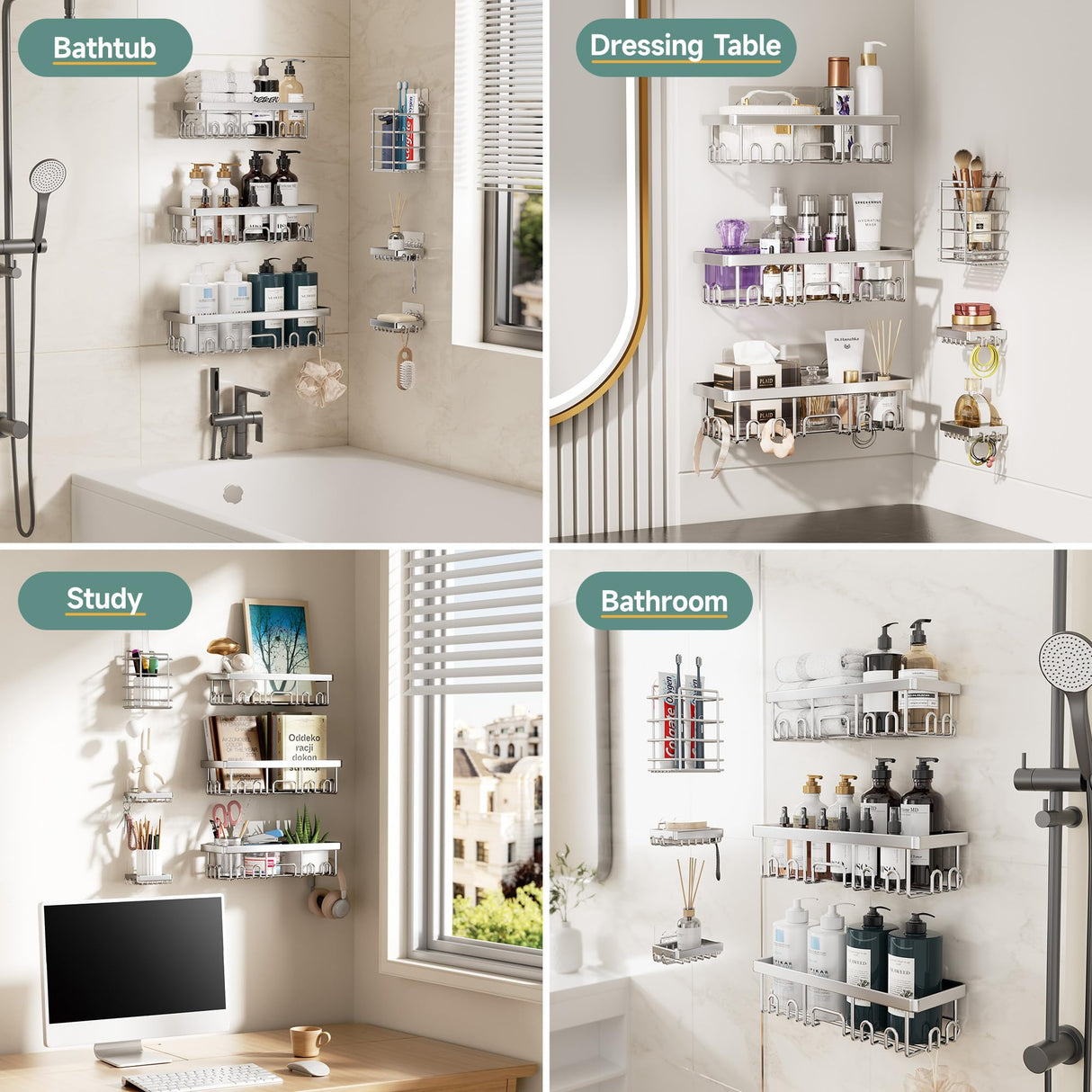 Veken Shower Caddy 6-Pack, Family Choice Award Winner, Large Wall Mounted Shower Rack, Bathroom Shelves Over Toilet, Organizer Storage Accessories with Soap Dish & Toothbrush Holder, Silver Veken