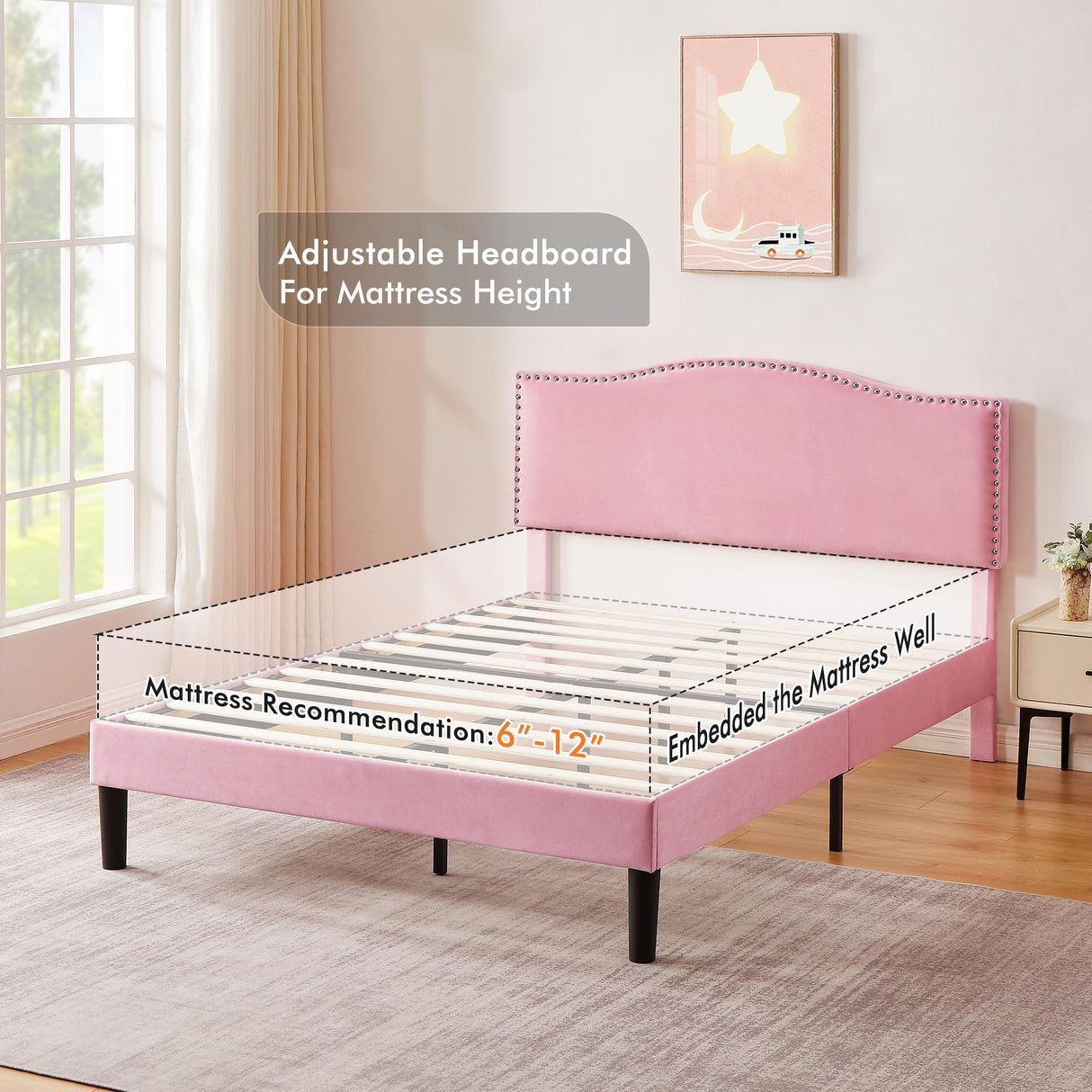 VECELO Full Bed Frame Platform Bed Frame with Upholstered Headboard, Strong Frame and Wooden Slats Support, Strong Weight Capacity, Non-Slip and Noise-Free, Easy Assembly VECELO