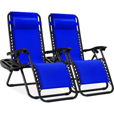 Best Choice Products Set of 2 Adjustable Steel Mesh Zero Gravity Lounge Chair Recliners w/Pillows and Cup Holder Trays - Cobalt Blue