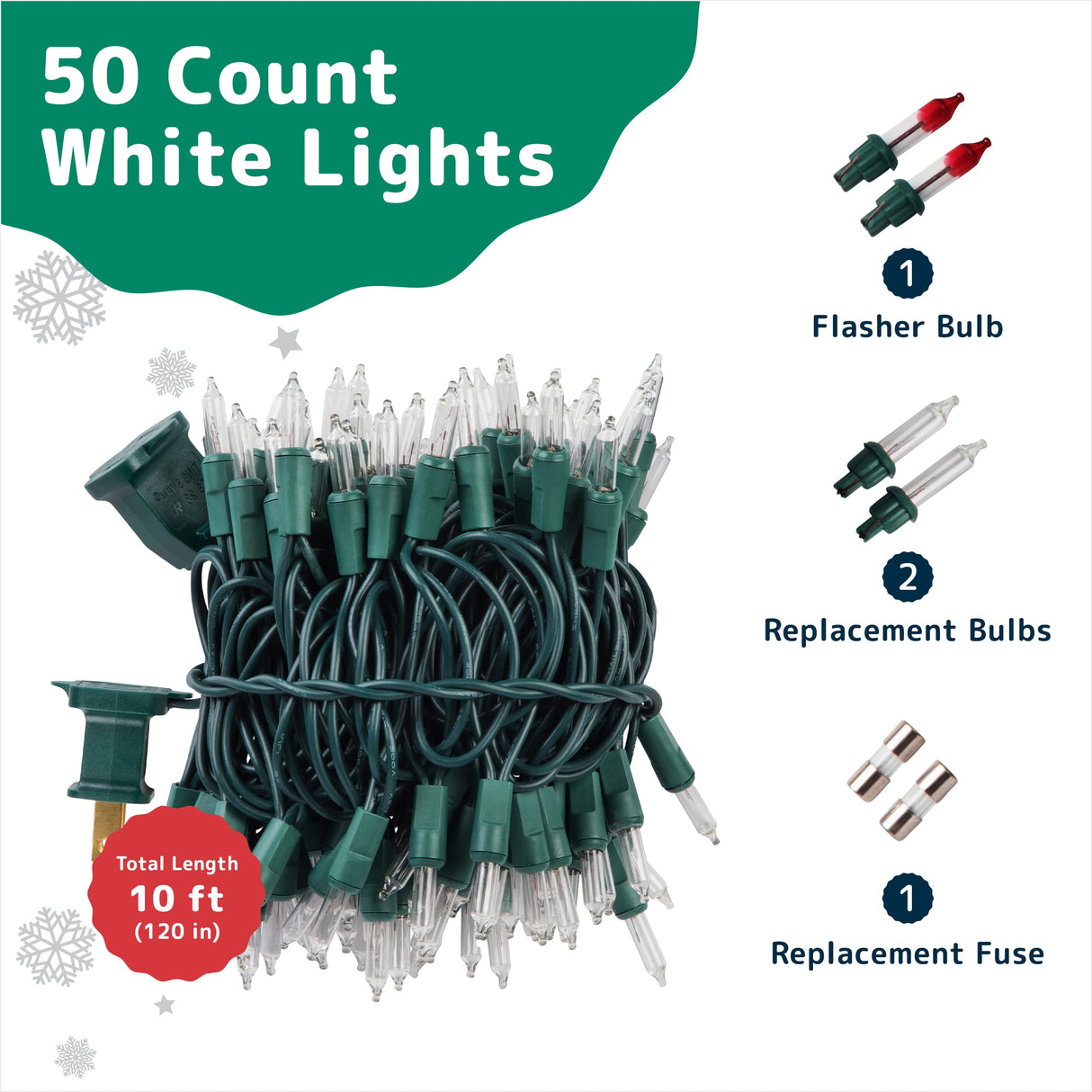 PREXTEX 50 Count Clear Christmas Tree Lights with Green Wire - 10 ft Warm White Twinkle Lights for Indoor or Outdoor Use - Holiday Fairy String Lights for Christmas Trees, Patios, and More PREXTEX
