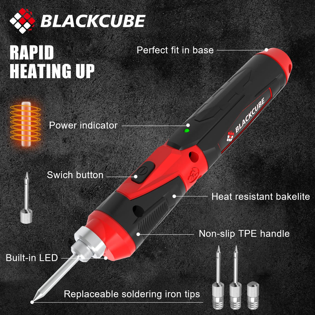 BLACKCUBE 4V Cordless Soldering Iron, Soldering Kit with 2000mAH Rapid Heat Lithium-Ion Battery and Solder Tips, LED Spotlight & Rechargeable Soldering Iron Kit, Professional Portable Welding Tool BLACKCUBE