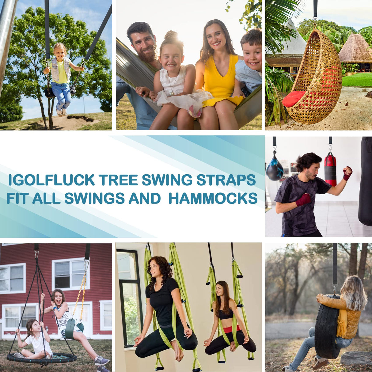 igolfluck Tree Swing Straps Hanging Kit 4FT/8FT/15FT/20FT/25FT, Extra Long Tree Swing Straps Holds 5500 lbs with Lock Carabiners & Tree Protectors, Safer for All Swing & Hammock (8FT) igolfluck