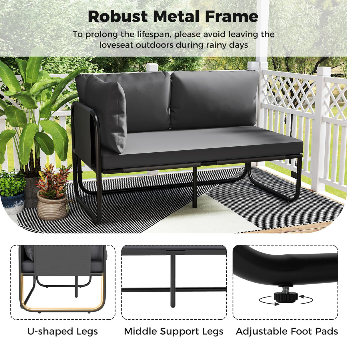 Tangkula Patio Loveseat, Sofa Couch with Removable Pillows & Seat Cushion, Side Armrest, Heavy Duty Metal Frame & Adjustable Foot Pads, Outdoor Double Chair Furniture for Garden (Grey + Black) Tangkula