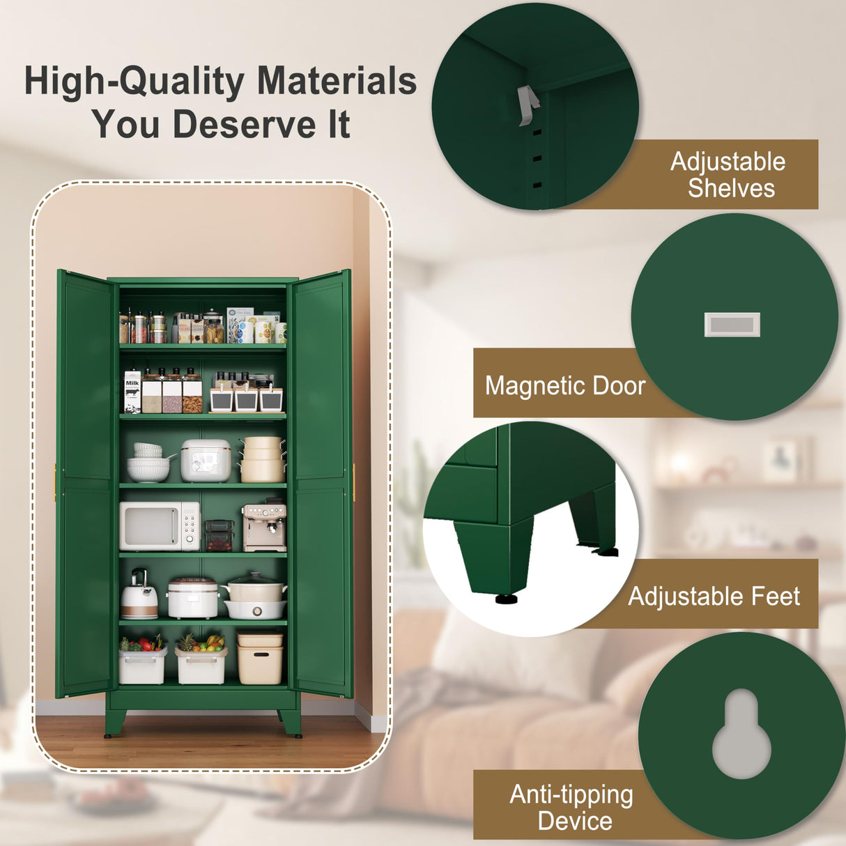 pozdeg 75” Tall Pantry Cabinet, Metal Kitchen Storage Cabinet with 2 Doors and 5 Adjustable Shelves, White Storage Cabinet Cupboard for Kitchen, Dining Room, Living Room and Bathroom (Green) pozdeg