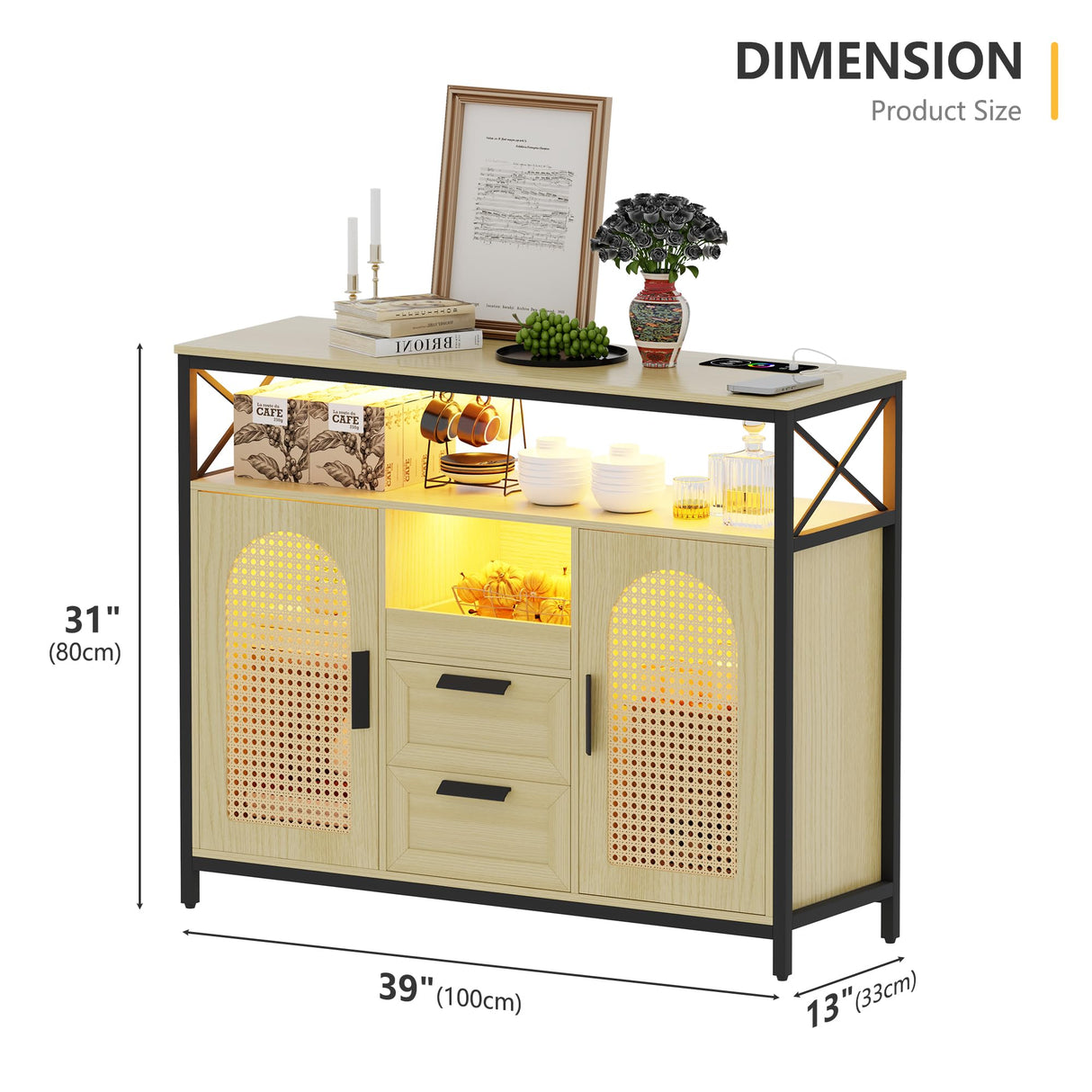JDPAG 40” Rattan Sideboard Buffet Kitchen Storage Cabinet, LED Coffee Bar Cabinet with Charging Station, Cupboard Console Table with Adjustable Shelves (Natural) JDPAG