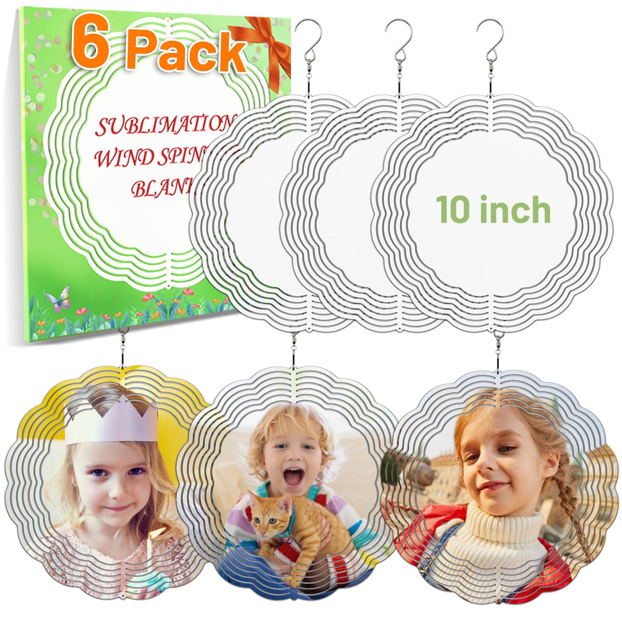 Remiawy Sublimation Wind Spinner Blanks, 6 Pack 10 Inch 3D Aluminum Metal Hanging Wind Spinners Sublimation Blanks Kinetic Sculpture DIY Crafts for Yard Garden Indoor Outdoor Porch Decoration Round REMIAWY