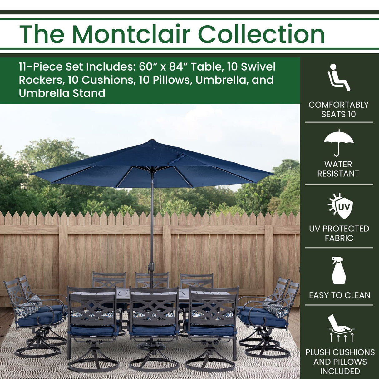 Hanover Montclair 11-Piece Outdoor Dining Set, All-Weather Outdoor Patio Dining Set, 10 Swivel Rocker Chairs with Seat and Lumbar Cushions, 84"x60" Stamped Rectangle Table, Umbrella, and Umbrella Base Hanover