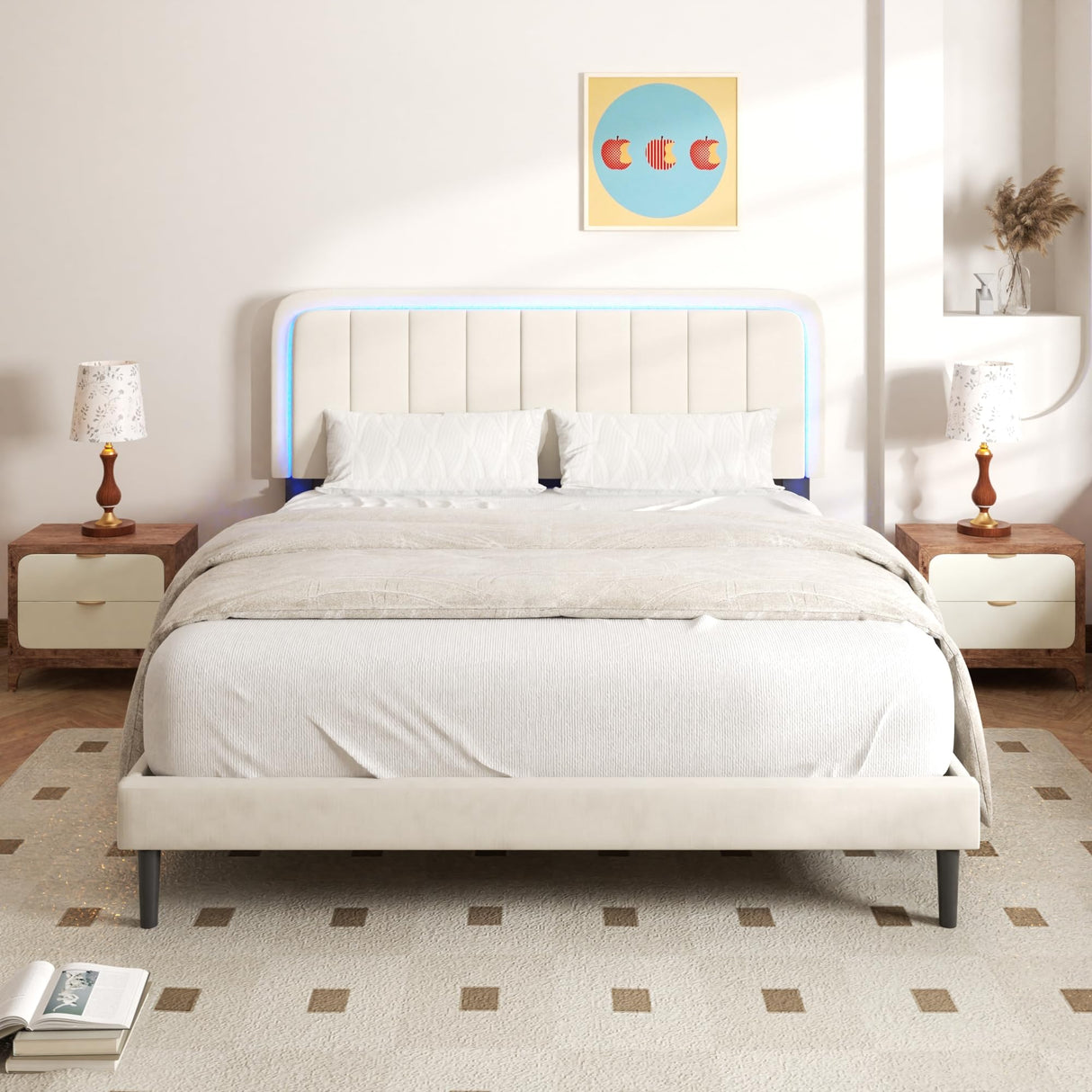 CXVX Adjustable Velvet Platform Queen Size Bed with LED Lights, Charging Station & Wooden Slats, Upholstered Bed Frame with Headboard, Noise-Free Mattress Foundation, No Box Spring Required CXVX