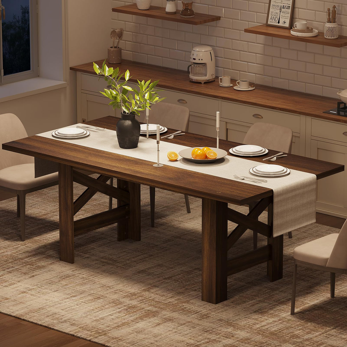 GarveeHome Dining Table for 6-8, 71" Long Large Wooden Farmhouse Kitchen Table with Thick Sturdy Frame, Rectangular Dining Room Dinner Table with Stable Triangular Legs for Kitchen,Office,Rustic Brown GarveeHome