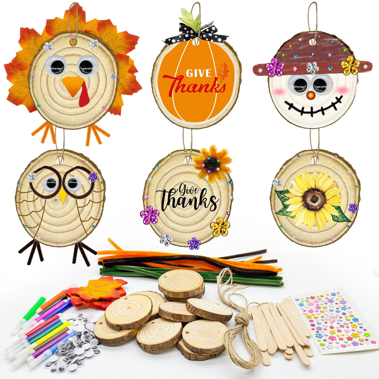 24 Set Fall Wooden Painting Crafts Kit,Unfinished Wood Slices with Holes Round Log DIY Crafts Hanging Ornaments Thanksgiving Fall Pumpkin Painting Kits Bulk for Classroom Activity DIY Art Projects Cinrobiye