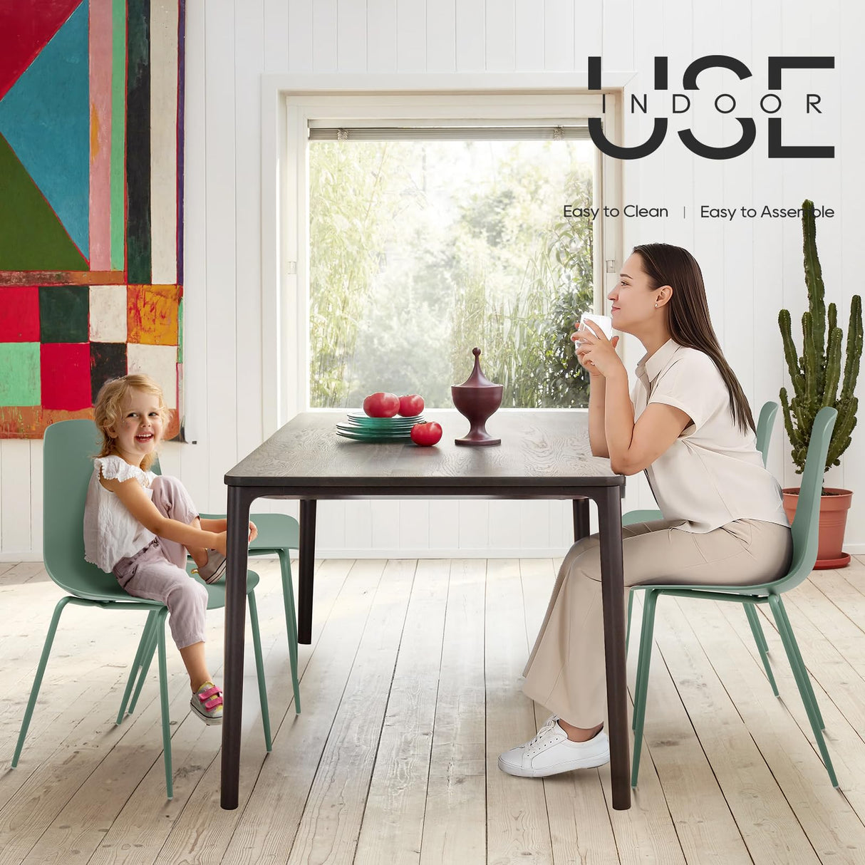 COLAMY Modern Dining Room Chairs Set of 4, Plastic Kitchen Chairs Stackable Patio Chairs with Metal Legs for Indoor, Outdoor, Restaurant, Bistro, Cafe, Light Green COLAMY