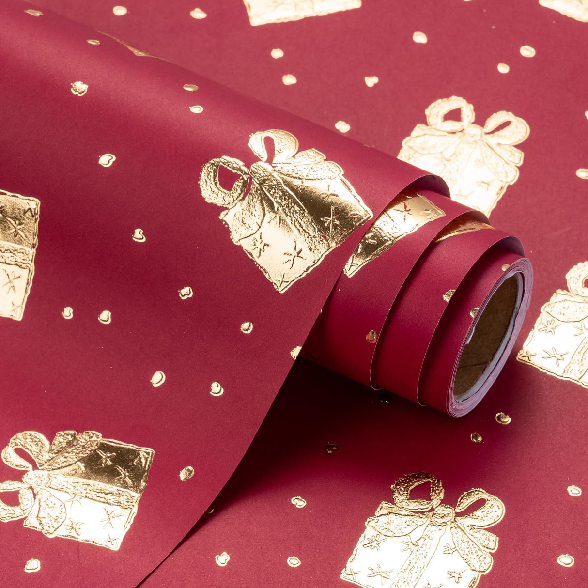 WRAPAHOLIC 3D Kraft Wrapping Paper Roll - Mini Roll - 17 Inch x 16.5 Feet - Gold and Red Christmas Presents Design with Embossed Perfect for Holiday, Party Celebration WRAPAHOLIC