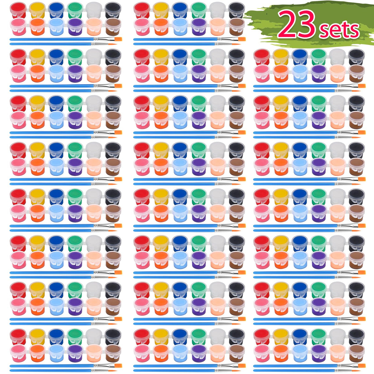 CHANGTIKEJI 23 PACK Washable Acrylic Paint for Kids Arts and Crafts, 23 Gouache Watercolor Paint Sets of 12 Colors for Party Classroom Painting Supplies, 23 Flat and 23 Pointed Brushes CHANGTIKEJI