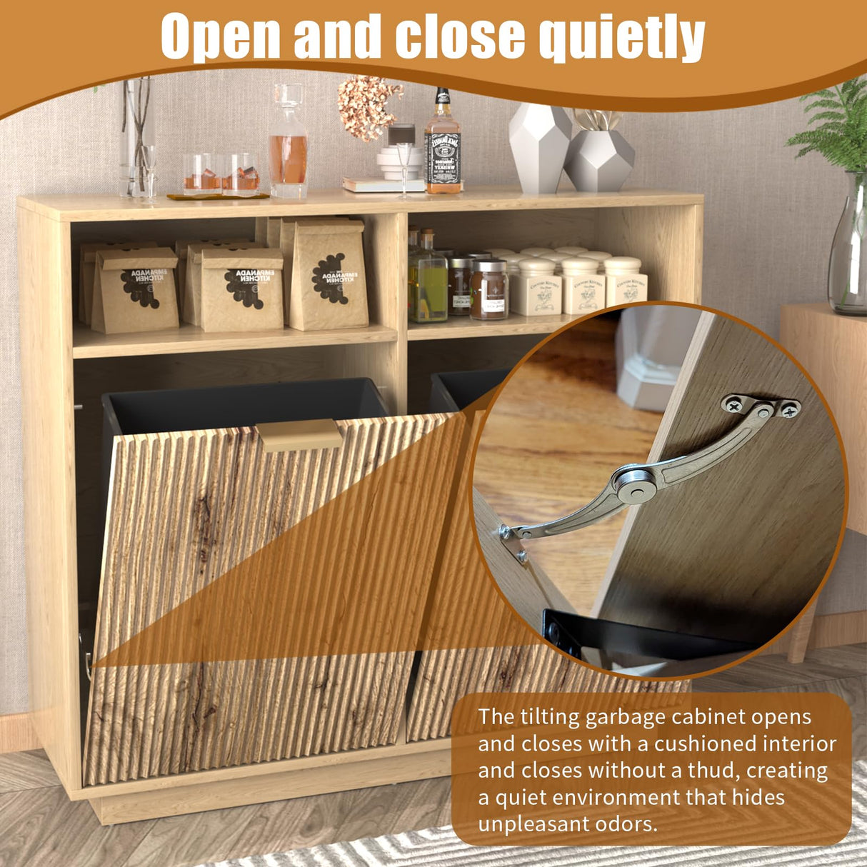 HSSZXFR 13 Gallon Trash Can Cabinet Wooden Fluted Furniture, Double Garbage Cabinet for Kitchens, Tilt Out Trash and Recycle Can Cabinet Combo Free Standing (Light Wood) HSSZXFR