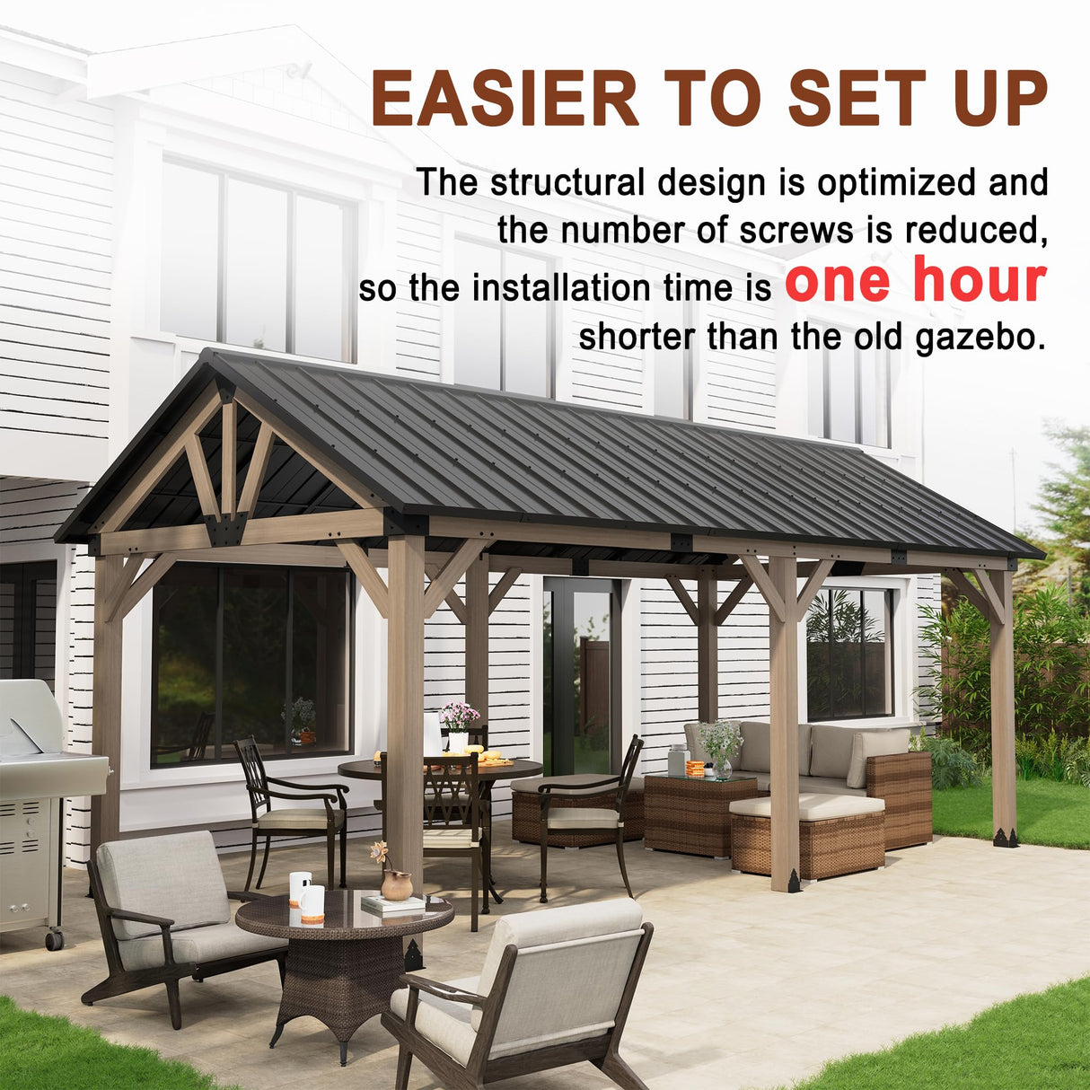 MONDAWE 12 x 20 ft. Wood Gazebo Cedar Framed Wooden Gazebo Patio Steel Hardtop Gazebo with Galvanized Steel Gable Hardtop Roof for Patio Lawn Backyard, Black Roof + Dark Wood Frame MONDAWE