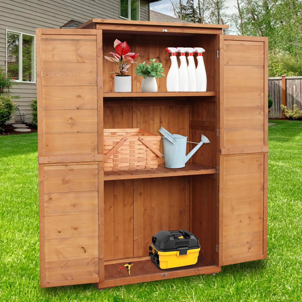 YTGLEN Outdoor Storage Cabinet, Wood Garden Shed, Pool Storage Shed with Lockable Door, Waterproof Roof and 2 Removable Shelves, Vertical Outside Storage Shed for Patio, Backyard and Lawn, Oak Brown YTGLEN