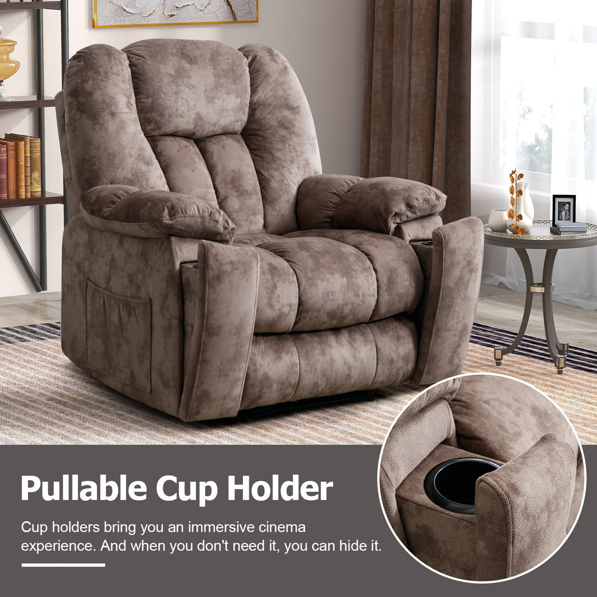 CANMOV Manual Reclining Chair-Overstuffed Recliner Chair with Cup Holder Side Pocket Footrest Fabric Recliners for Living Room Bedroom Apricot CANMOV