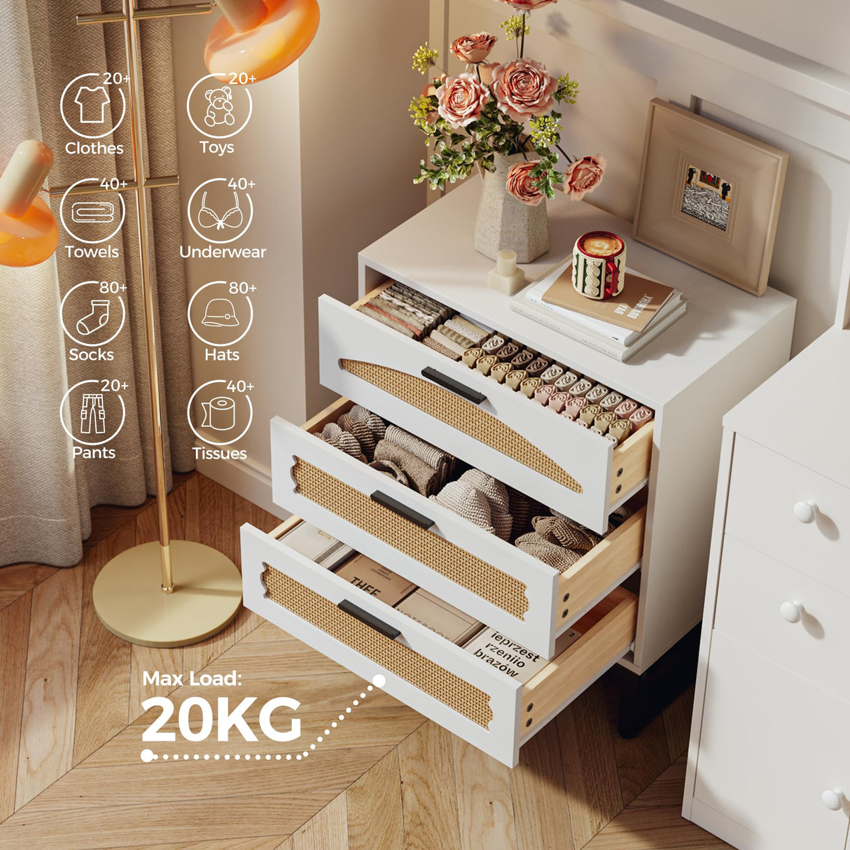 Mericonia 3 Drawer Rattan Dresser for Bedroom, Wood Dresser for Closet with Metal Handles, Small Boho Nightstand Sets, Dressers & Chests of Drawers for Bedroom, Hallway and Entryway, White Mericonia
