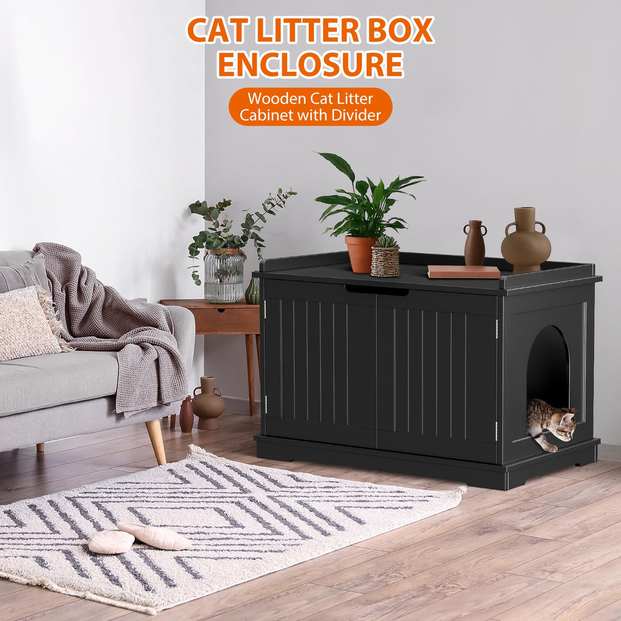 Cat Litter Box Enclosure, Litter Box Furniture Hidden, Wooden Cat Washroom, Cat Litter Box Cabinet, Indoor Cat House w/Removable Divider, as Table Nightstand Storage Bench (Black) Pet Republic