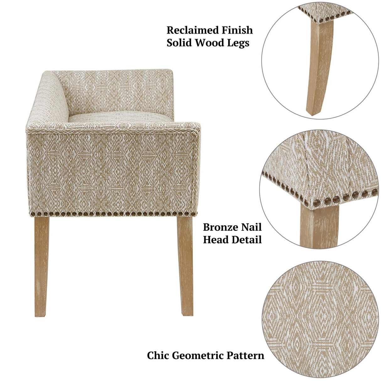 Madison Park Accent Bench for Living Room, Upholstered with Nailhead Trim, & Padded Seat Entryway Bench Small, Bedroom Furniture, End of Bed Bench with Back, 49.5" W x 19.25" D x 23" H, Taupe Multi Madison Park