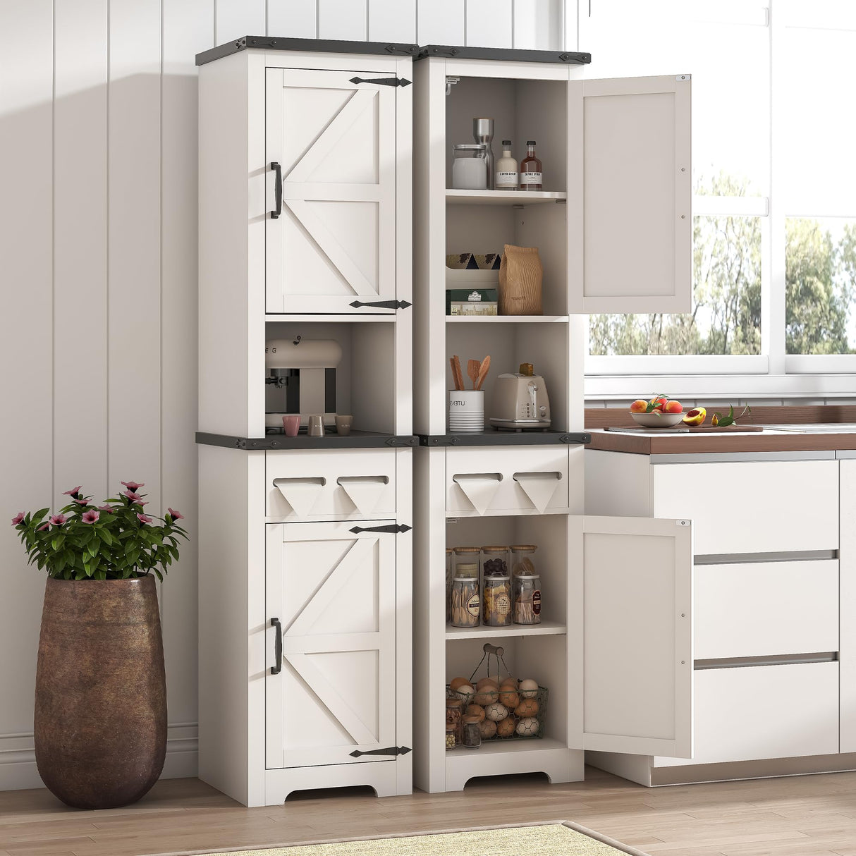 Kepptory Tall Farmhouse Storage Cabinet with Adjustable Shelves and Paper Holders for Bathroom, Living Room, and Kitchen kepptory