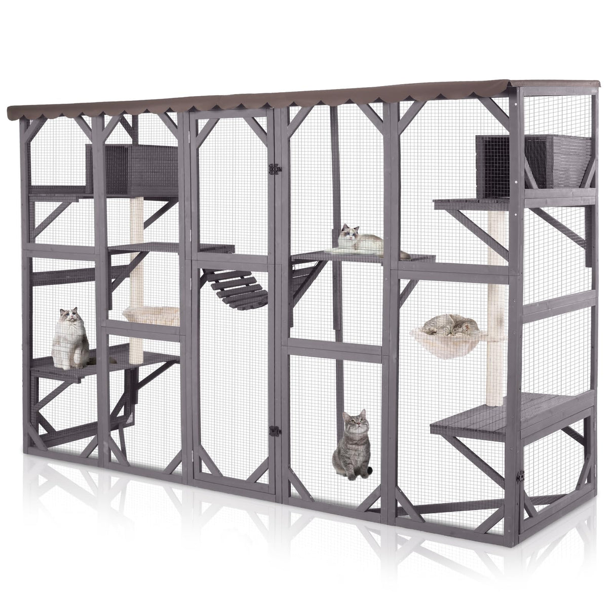 GUTINNEEN Extra-Large Catio, 104" Wall-Mounted Outdoor Cat Enclosure - Cat House Window Box Walk-in Cat Kennel Shelter with Weatherproof Roof, 2 Scratching Posts, 2 Hammocks & Bridge for 6-8 Cats GUTINNEEN