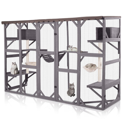 GUTINNEEN Extra-Large Catio, 104" Wall-Mounted Outdoor Cat Enclosure - Cat House Window Box Walk-in Cat Kennel Shelter with Weatherproof Roof, 2 Scratching Posts, 2 Hammocks & Bridge for 6-8 Cats