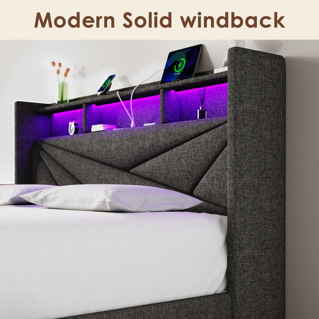 Driftalia LED Full Size Bed Frame with 2 Storage Drawers, Upholstered Full Bed Frame with Headboard and Charging Station, No Box Spring Needed, Easy to Assembly-Dark Grey Driftalia