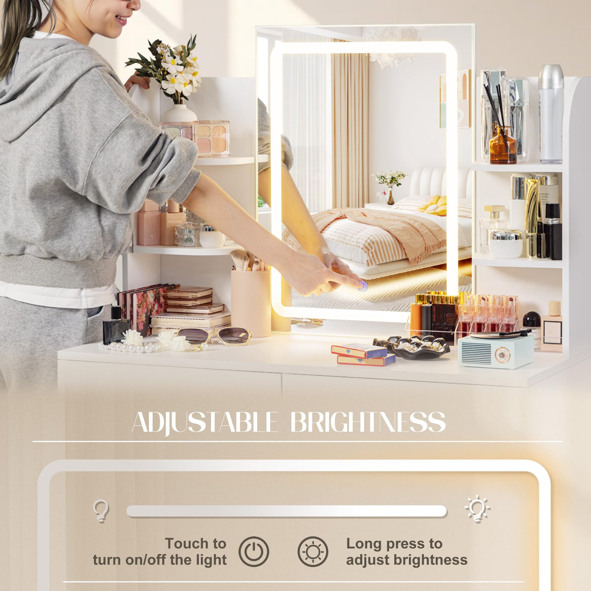 Furmax Vanity Desk with Mirror and LED Lights, Makeup Vanity Table with 3 Lighting Color, Adjustable Brightness, Vanity Table with 2 Drawers, Side Storage, for Bedroom (White, with Bench) Furmax