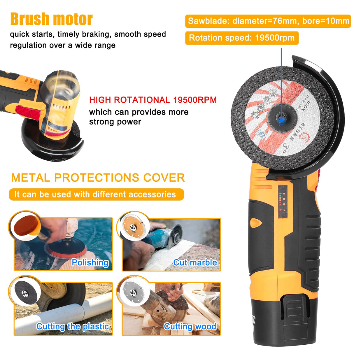Angle Grinder, Geevorks Electric Grinding Tool 19500RPM, Mini Grinder Handheld Cutter for Cutting Polishing Ceramic Tile Wood Stone Steel, with 2 Cutting Disc/2PCS 1200mAh Battery, Yellow Geevorks