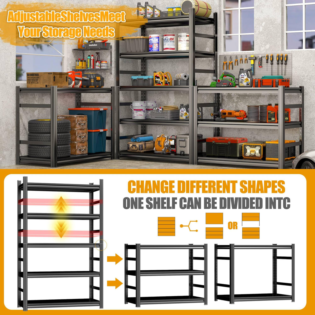 63''Storage Shelves, Garage Metal Shelving Unit, Adjustable, Double-Layer Column with Reinforced Ribs, Heavy-Duty, Capable of Bearing 3000 lbs, Suitable for Garage, Warehouse, Kitchen Storage Beaunatixx