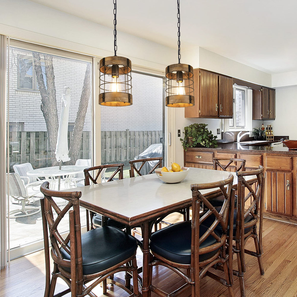 Rustic Pendant Light Fixtures, Farmhouse Kitchen Wood Hanging Lighting, Industrial Round Cage Chandelier for Entryway Hallway Dining Room Bedroom Foyer ACNKTZ