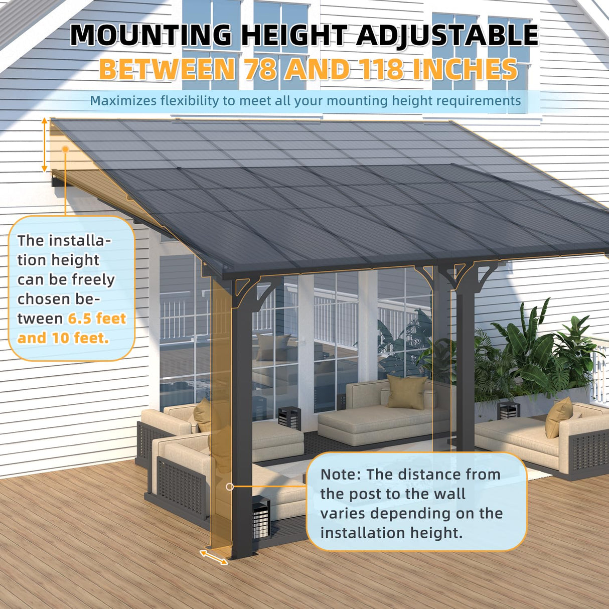 AECOJOY 10' x 14' Adjustable Height Outdoor Lean to Gazebo Pergola for Patio, Large Wall-Mounted 8.1-9.8 Ft Hard Top Metal Heavy Duty Metal Awnings Shelter Pergolas and Gazebos Clearance with Roof AECOJOY