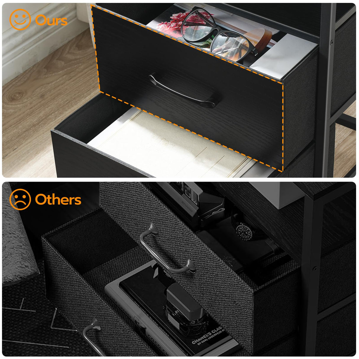 HOOBRO Nightstand with Charging Station, Bedside Table with LED Lights and 2 Fabric Drawers, End Table with Outlets and USB Ports, Small Night Stand for Bedroom, Black BB118UDBZ01 HOOBRO