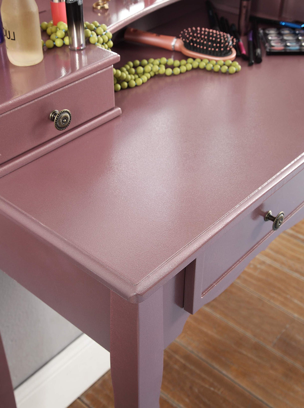 Roundhill Furniture Sanlo Wooden Vanity, Make Up Table and Stool Set, RoseGold Roundhill Furniture