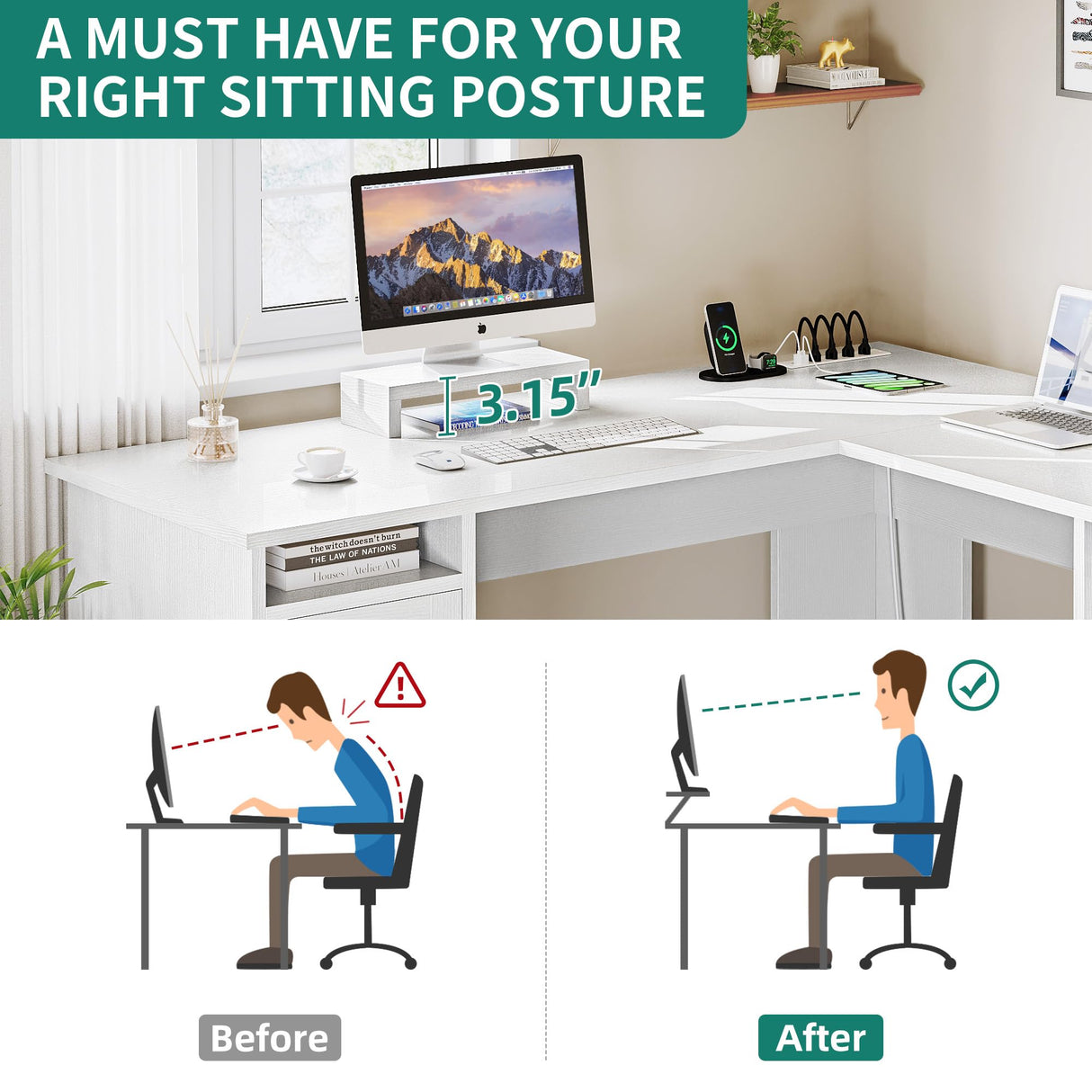 YITAHOME L Shaped Desk with Power Outlets, 60 Inch Computer Desk Corner Desk with File Drawer, Home Office Desk with Monitor Stand & Storage Shelves, L-Shaped Desk with File Cabinet, White YITAHOME