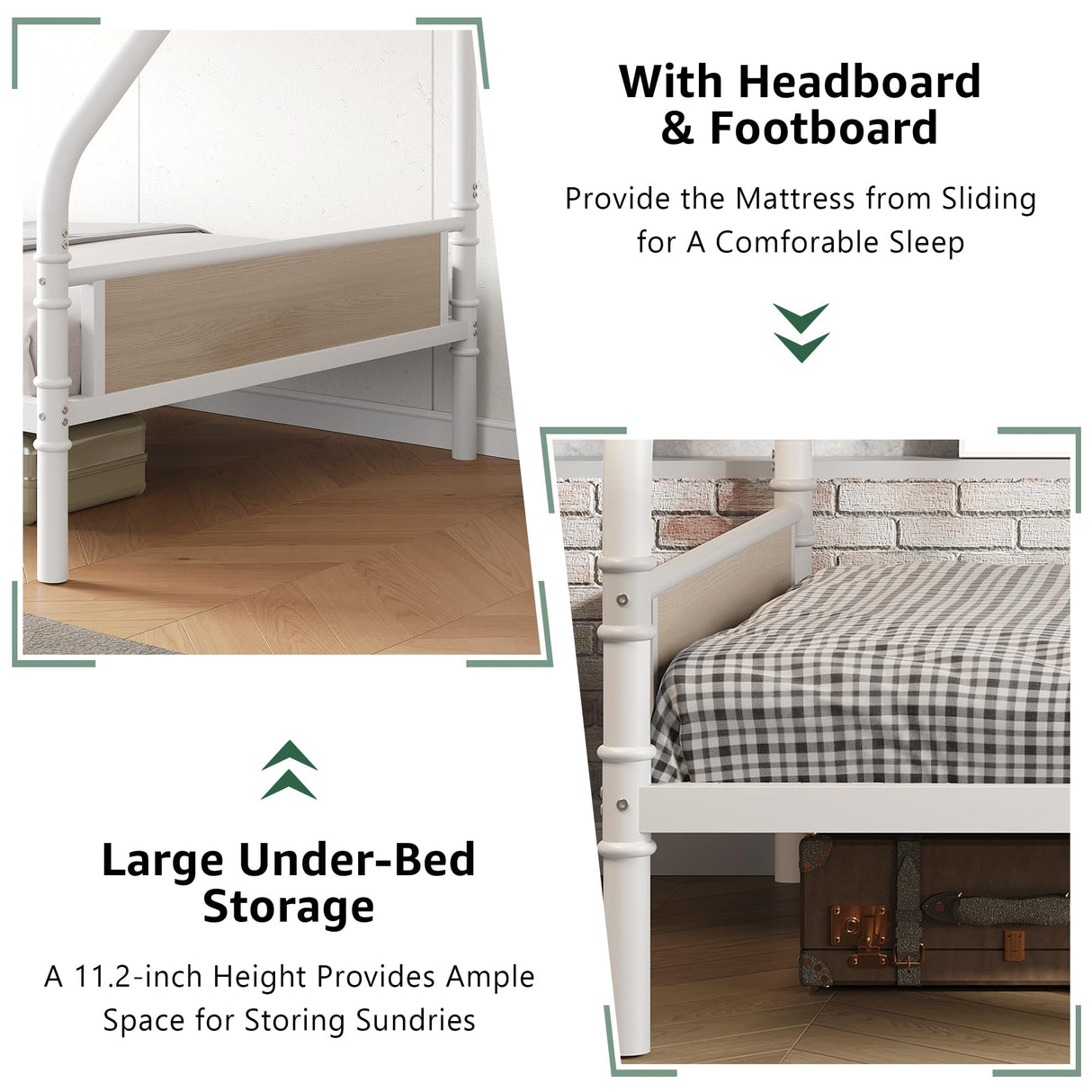 Jocoevol Bunk Bed Twin Over Full, Heavy Duty Metal Bunkbeds with Ladder and Full-Length Guardrail, Convertible into 2 Individual Beds for Kids, Teens and Adults, Under-Bed Storage Space, White Jocoevol