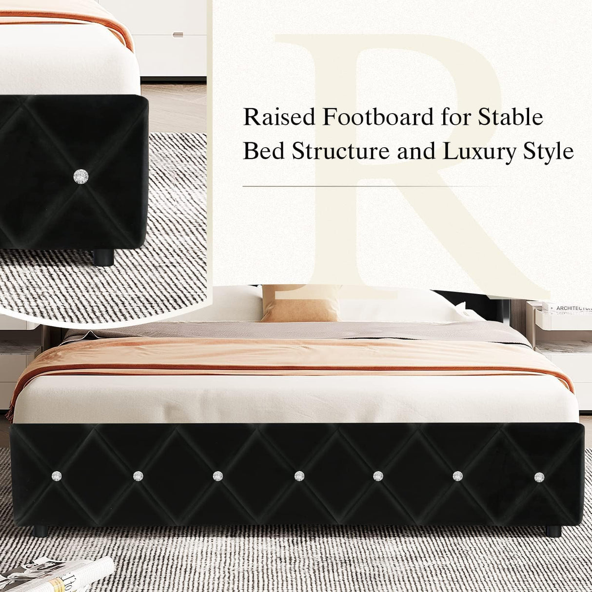 HOMBCK Queen Size Bed Frames with Headboard, Black Velvet Queen Bed Frame with Wingback, Upholstered Bed Frame with Diamond Headboard, Wood Slat Support, No Box Spring Needed, Easy Assembly HOMBCK