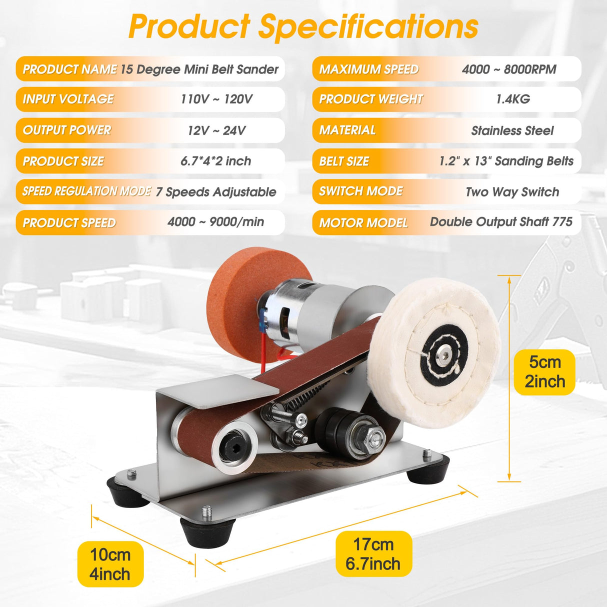 Mornajina Mini Belt Sander for Knife Making, 15 Degree Electric Power Bench Belt Sanders, 7 Adjustable Speed Knife Sharpener Knife Polishing Kit for DIY Metal Woodworking Knife Making Mornajina