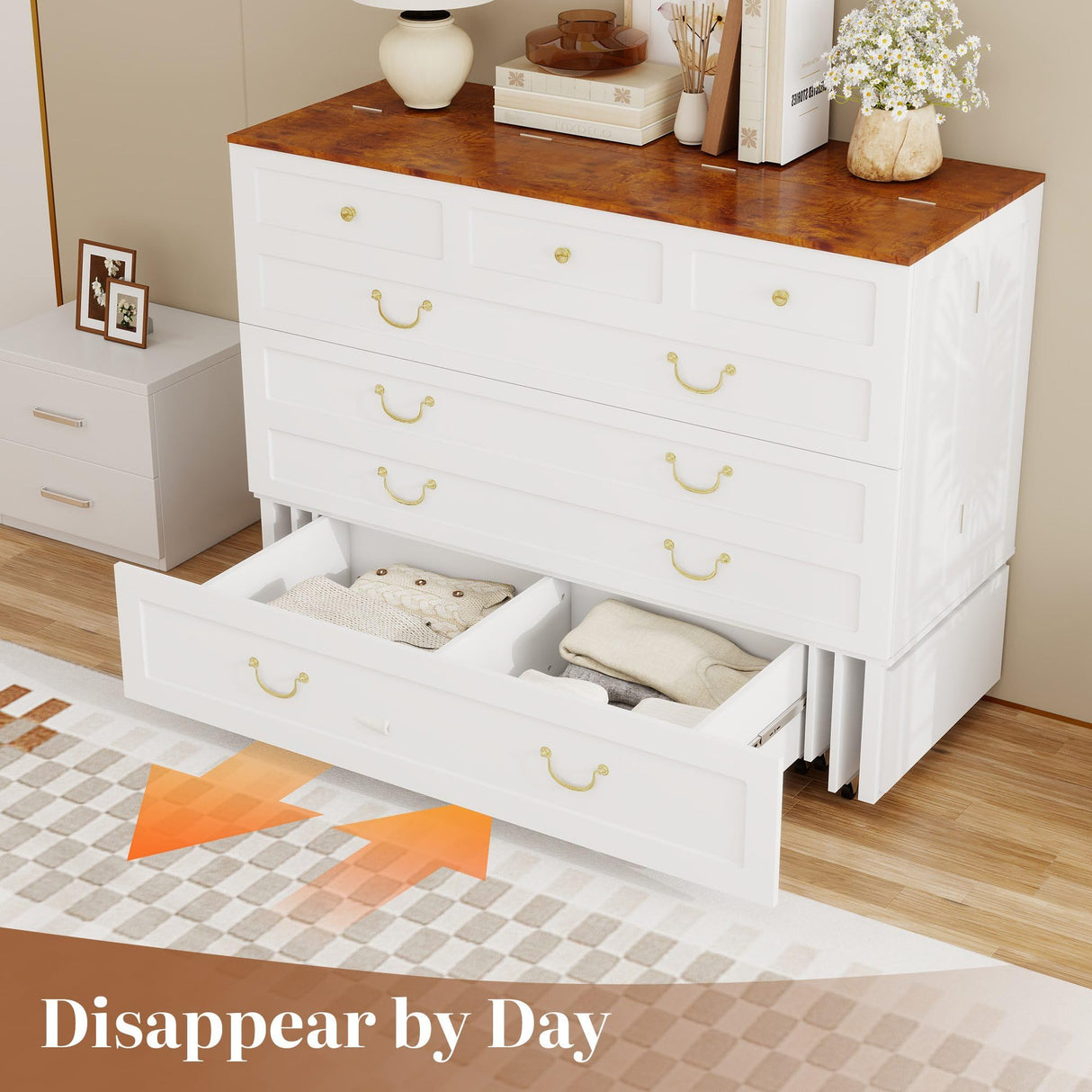 Tafeumob Murphy Bed Queen Size: Wood Murphy Bed Cabinet with Drawer Space-Saving with Shelves & Charging Station for Bedroom, Multipurpose Area, Guest Room, Apartment White (Without Mattress) Tafeumob