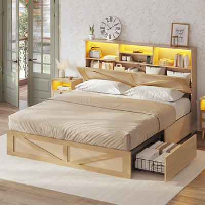 AOGLLATI Full Size Bed Frame with 4 Storage Drawers and 2-Tier Bookcase Hidden Headboard, Rattan Led Bed Frame Full Size with Charging Station, No Box Spring Needed, Wood